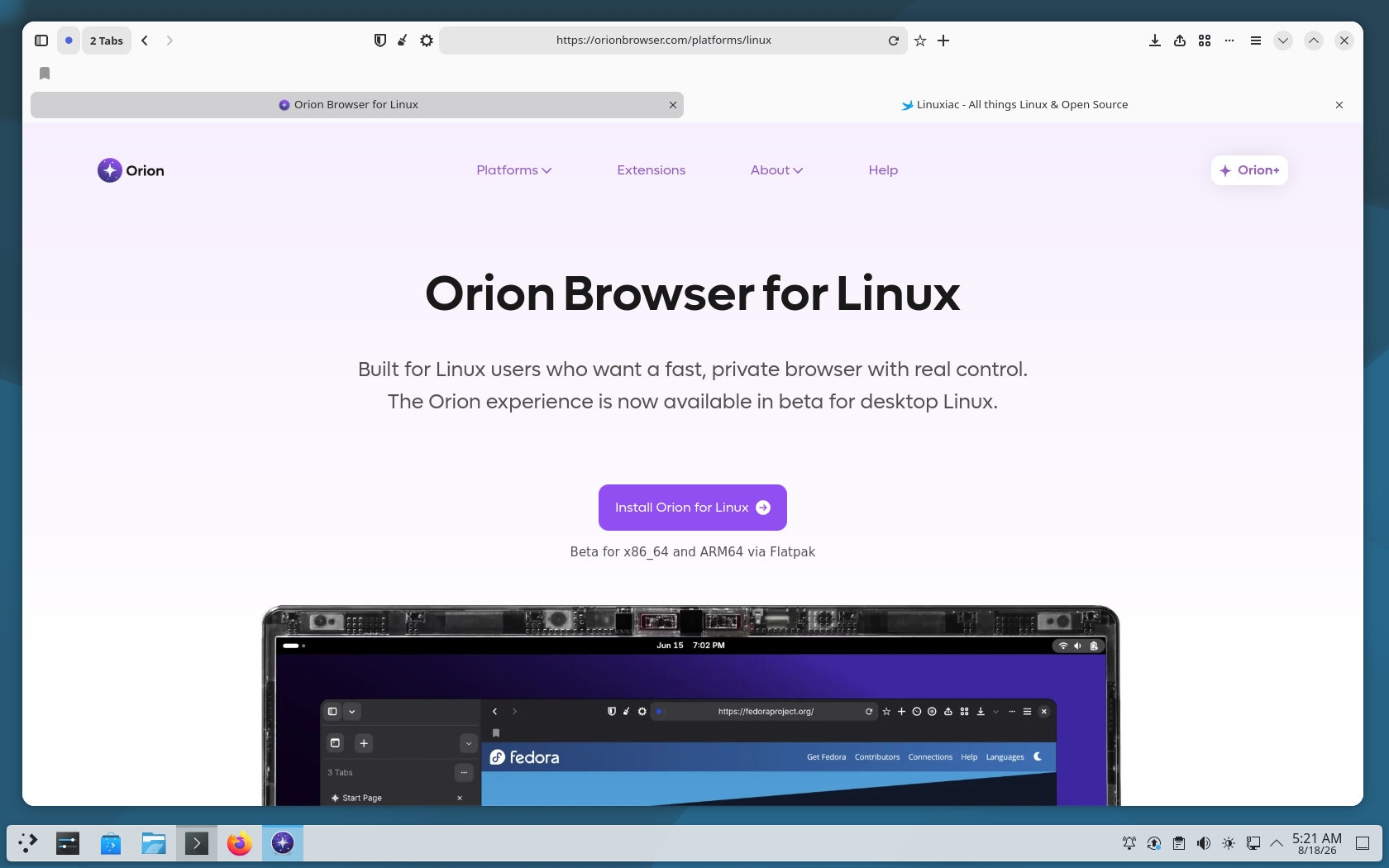 Вышла бета‑версия браузера Orion для Linux на WebKit без телеметрии, трекеров, рекламы и с настройками приватности