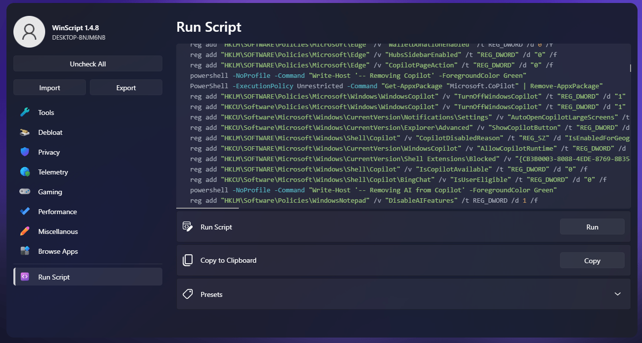 Вышел WinScript 2.0.0 — средство с открытым исходным кодом для уменьшения размера и оптимизации Windows 10/11