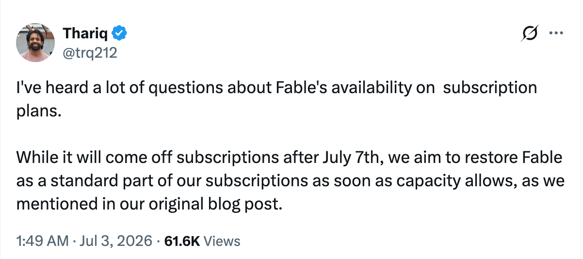 Anthropic работает над тем, чтобы вернуть Fable 5 в подписки Claude после 7 июля