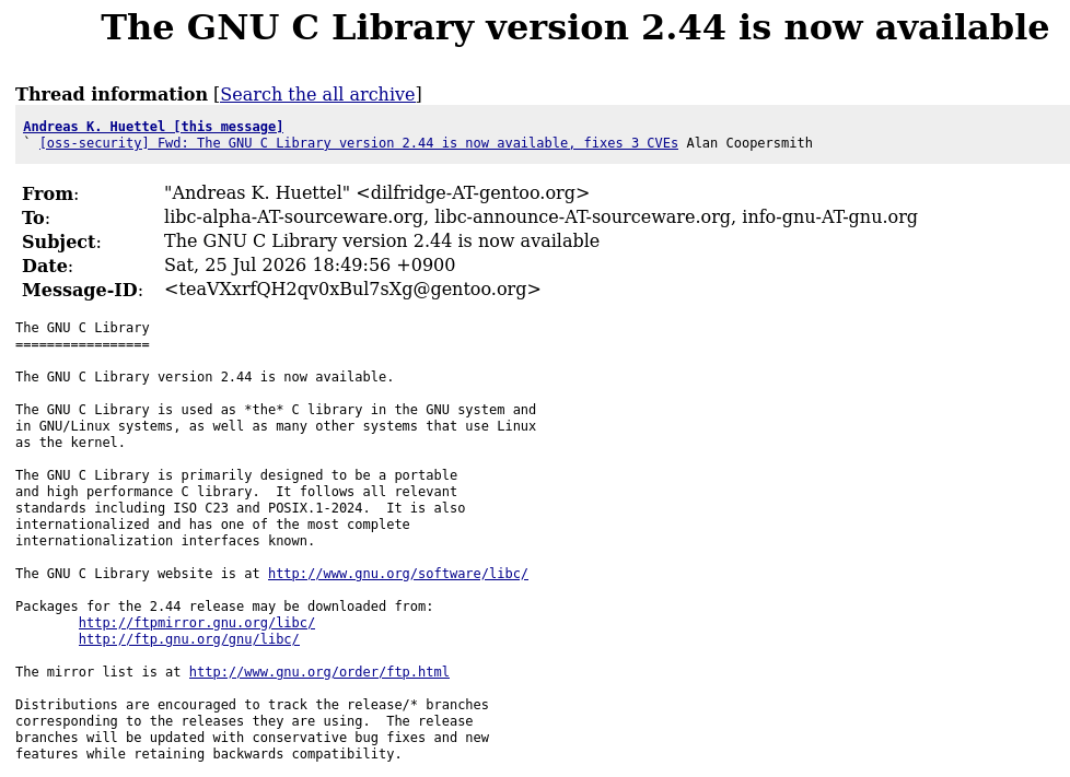 Версия системной библиотеки GNU C Library 2.44 (glibc)