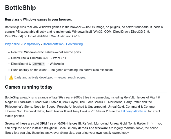 Представлен публике публичный инициатива BottleShip для запуска тяжёлых Windows-игр в браузере с высокоуровневой эмуляцией