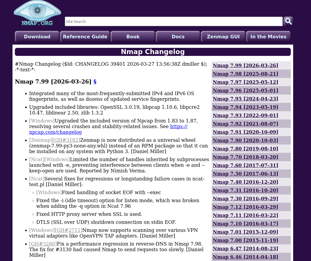 Версия сканера веб безопасности Nmap 7.99 (Network Mapper)