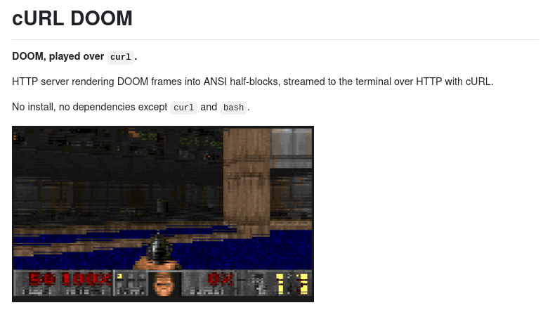 Представлен публике инициатива cURL Doom — релиз Doom, которая воспроизводится по сети через cURL