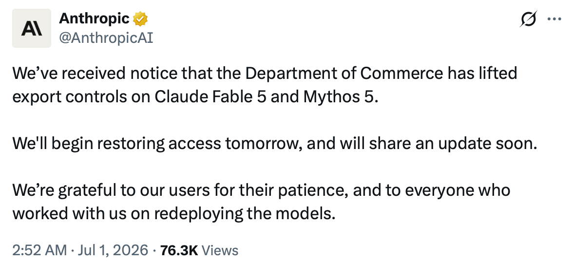 США сняли блокировку с Claude Fable 5 и Mythos 5 — модели возвращаются для всех