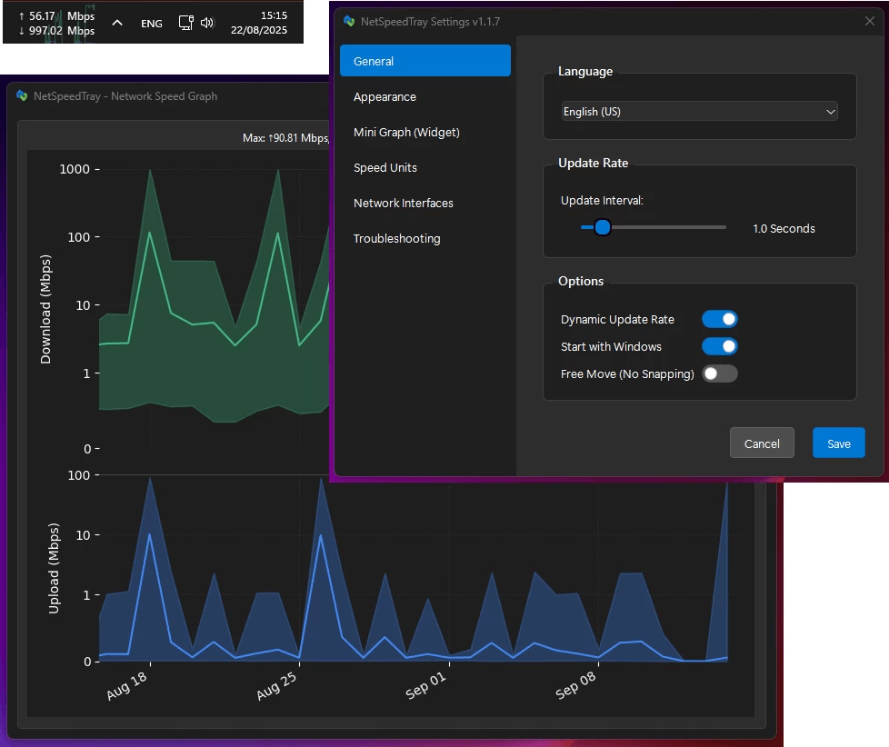 Апдейт сетевого монитора с открытым исходным кодом NetSpeedTray 1.3.0 для Windows 10/11