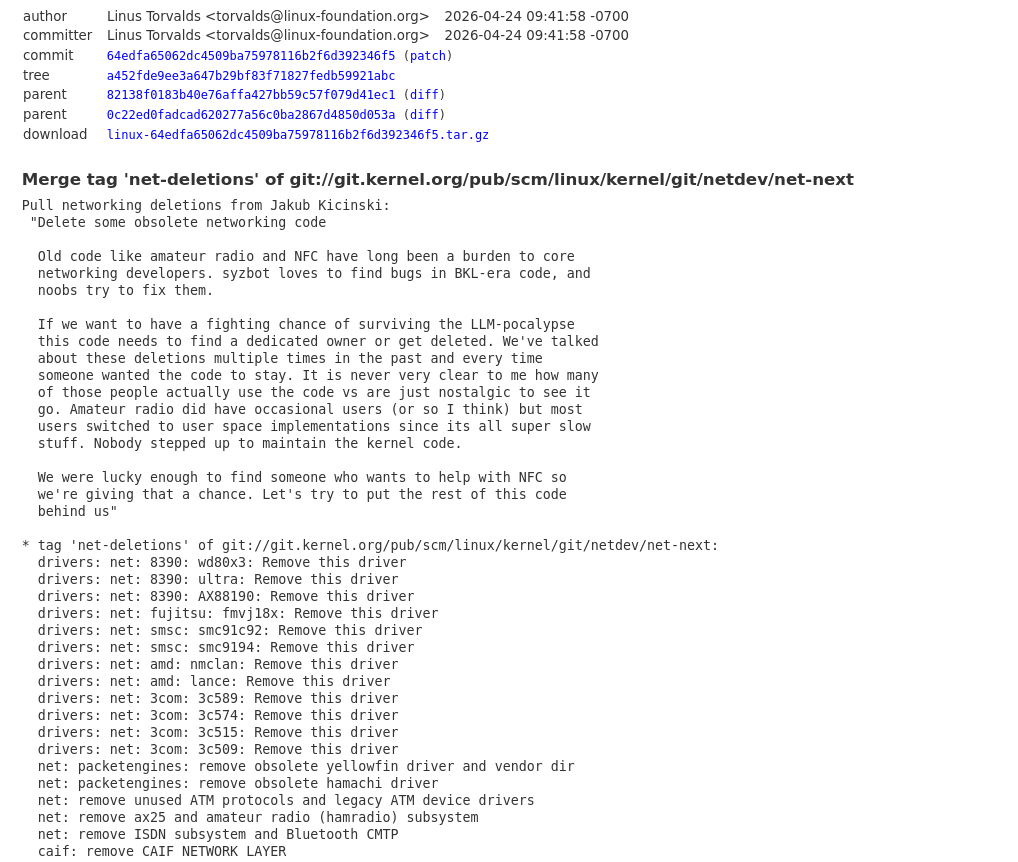 Торвальдс принял в движок Linux 7.1 патчи на исключение старых Ethernet-драйверов, ISDN, AX.25, CAIF и Bluetooth CMTP