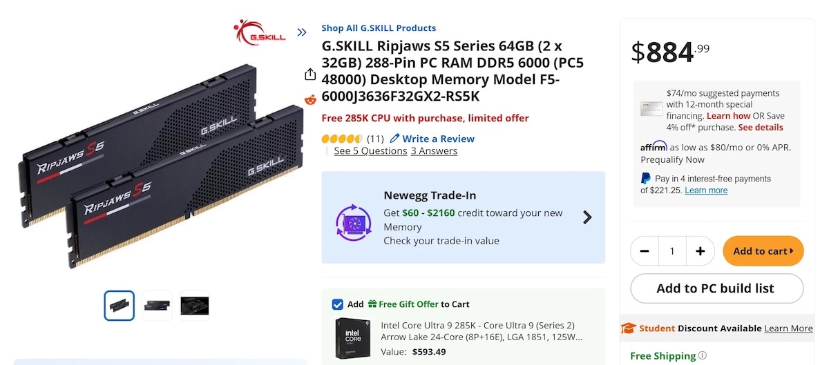 На Newegg продаёт комплект из ОЗУ G.SKILL Ripjaws S5 Series на 64 ГБ и процессора Intel Core Ultra 9 285K за $885