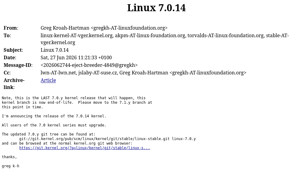 Дедлайн поддержки ядра Linux 7.0 истёк, всем рекомендуется перейти на движок Linux 7.1 или Linux 6.18 LTS
