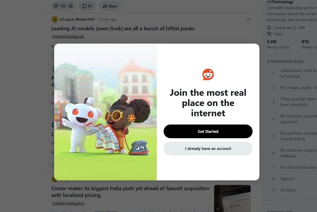 Reddit вслед за Old Reddit стартовал показывать всплывающие окна с просьбой авторизоваться