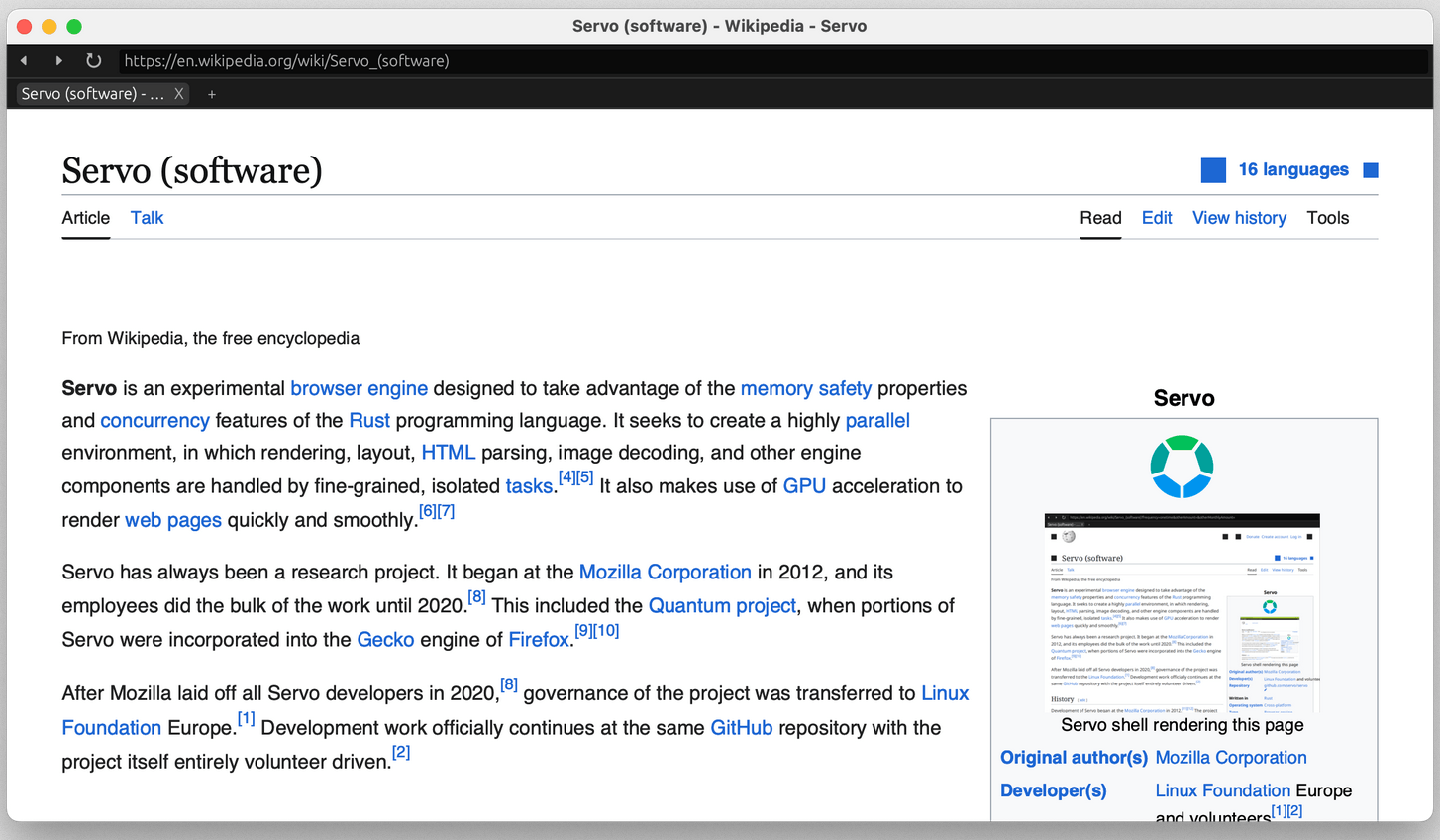 Представлен публике версия браузерного движка Servo 0.0.6, написанного на Rust