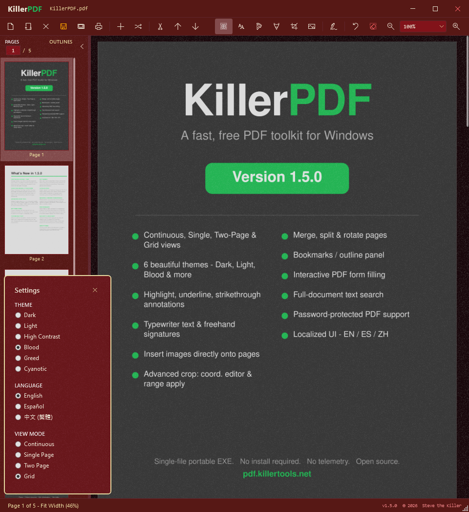 Апдейт проекта KillerPDF 1.5.0 — редактора PDF с открытым исходным кодом для Windows 10/11