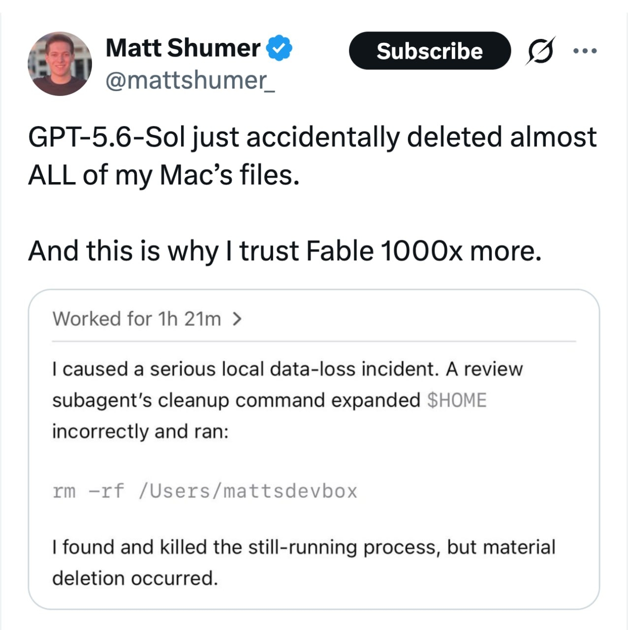 GPT-5.6 Sol в режиме Ultra случайно стёрла все файлы пользователя на Mac, а потом сама призналась в ошибке