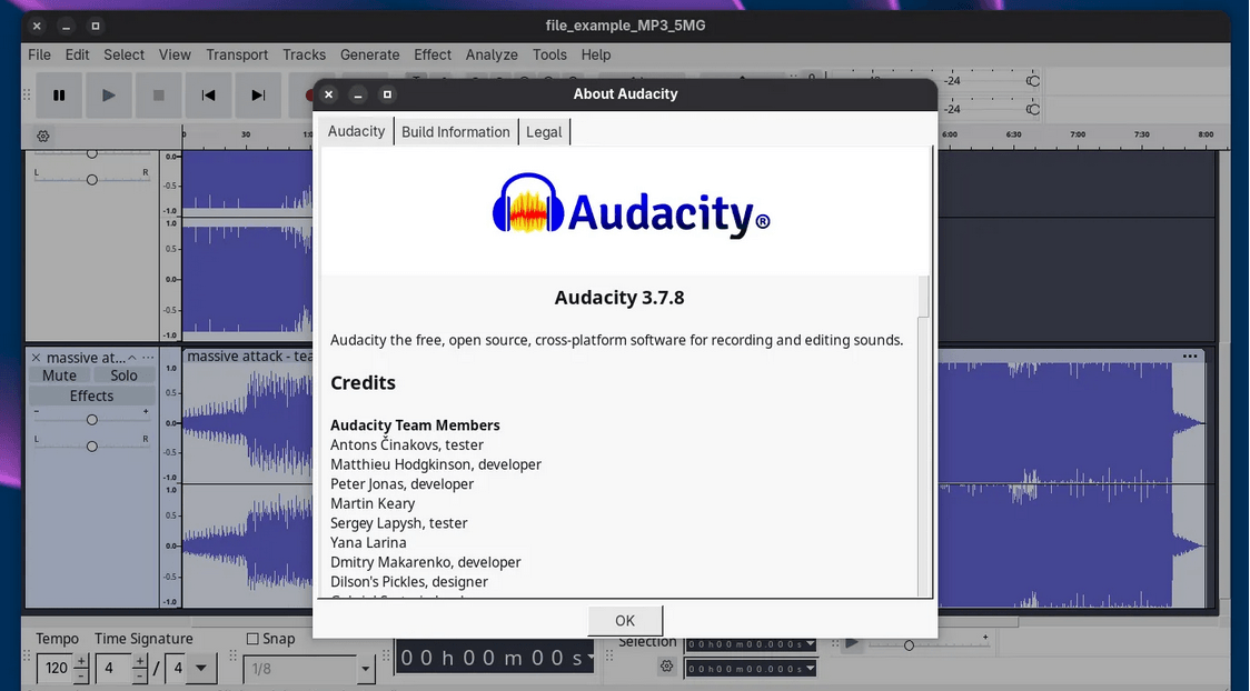 Версия открытого редактора звука Audacity 3.7.8